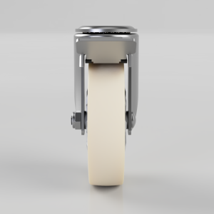 Front view of a metal tape dispenser feeding a beige tape roll, seen head-on.