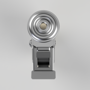 Front view of a metallic studio flash head mounted on a stand.