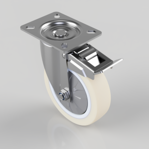 Swivel caster with a white polyurethane wheel and built-in brake on a metal mounting plate.