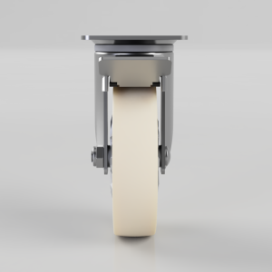 Front view of a heavy-duty caster wheel with a beige tire and shiny metal frame, viewed head-on.