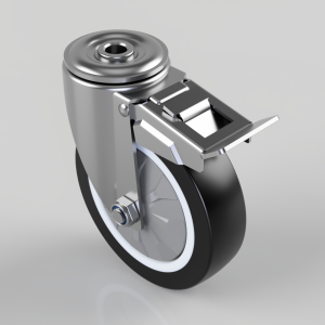 Industrial caster wheel with locking brake and metal mounting plate/arm.