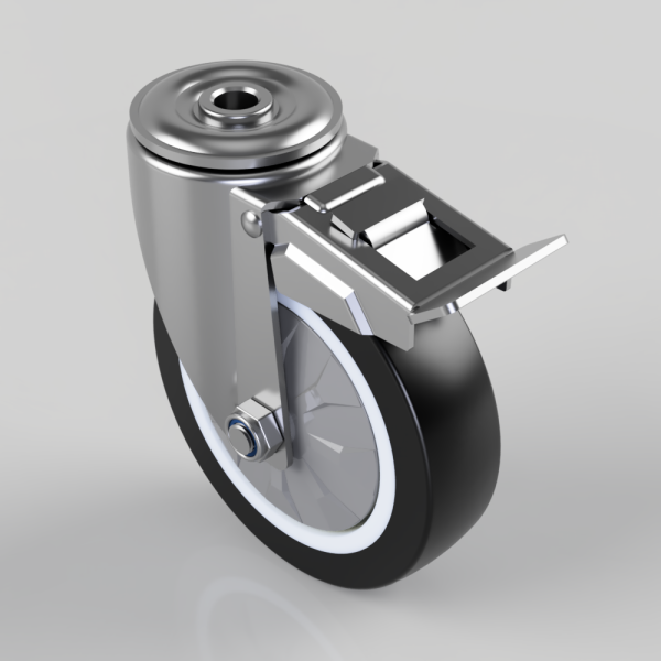 Industrial caster wheel with locking brake and metal mounting plate/arm.