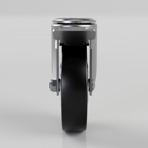 Front-facing view of a chrome caster wheel with a black rubber tire and mounting hardware