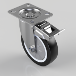 Swivel caster wheel with a metal mounting plate and a brake lever/lock on the side, rubber tread wheel with white edge.