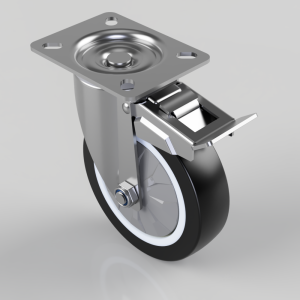 Swivel caster wheel with a metal mounting plate and a brake lever/lock on the side, rubber tread wheel with white edge.