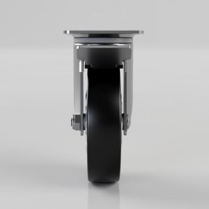 Front view of an industrial caster wheel with a metal mounting plate and bracket, black rubber tire, and bolts on the sides, on a gray background.