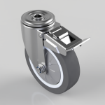 Heavy-duty caster wheel with a braking lever and mounting plate in polished metal finish
