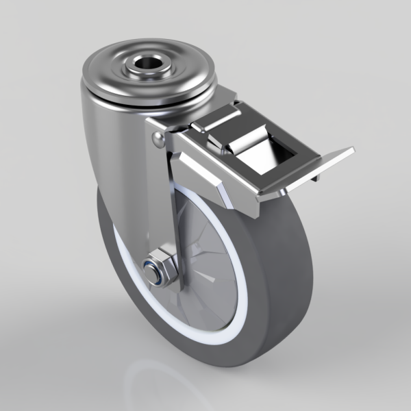 Heavy-duty caster wheel with a braking lever and mounting plate in polished metal finish