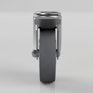 Front view of a heavy-duty caster wheel with a brake lever on a silver metal frame against a neutral gray background, viewed head-on.