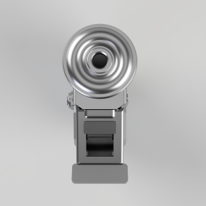 Front view of a silver studio flash head with a circular reflector and mounting bracket, facing the viewer.