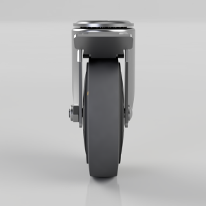 Side view of a grey caster wheel mounted to a metal bracket with bolts