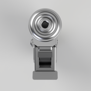 Close-up of a silver studio spotlight with a circular reflector at the top, mounted on a stand against a gray gradient background.