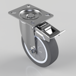 Caster wheel with mounting plate and braking mechanism; appears to be a heavy-duty swivel caster with four-hole mounting plate and wheel brake.