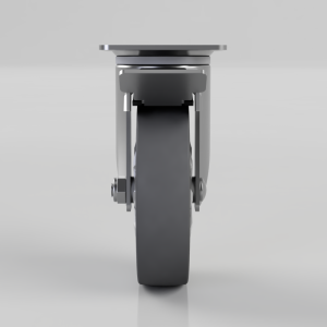 Industrial caster wheel with a mounting plate and brake mechanism viewed from the front