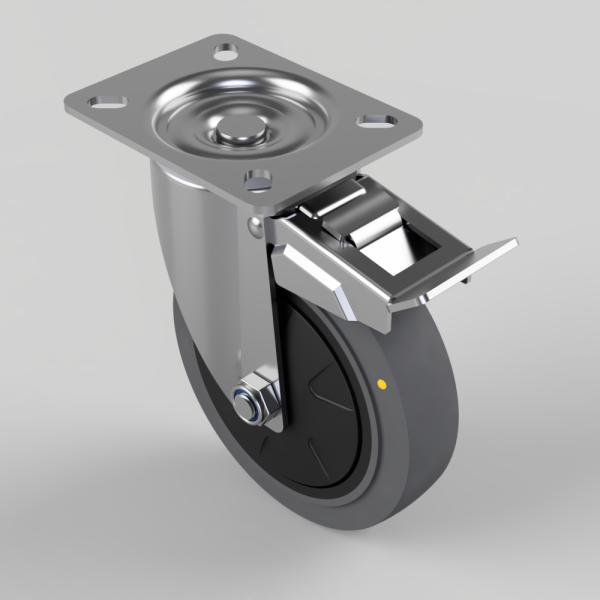 Industrial caster wheel with a metal mounting plate and braking lever/lock mechanism attached at the top block of the wheel area.