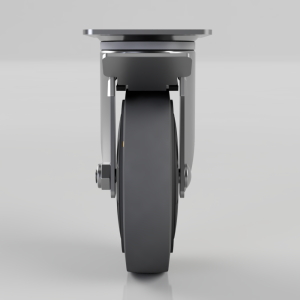 Side view of a caster wheel assembly with metal bracket and bolt, showing the wheel and mounting hardware