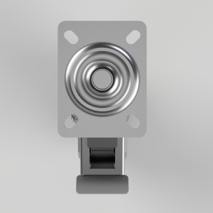 Industrial push-button switch mounted on a rectangular metal plate with a spring-loaded circular actuator.