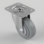 Caster wheel with a square mounting plate and four screw holes, featuring a swiveling grey rubber wheel and bolt/nut assembly.