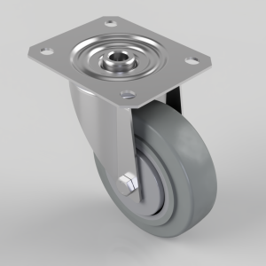 Caster wheel with a square mounting plate and four screw holes, featuring a swiveling grey rubber wheel and bolt/nut assembly.
