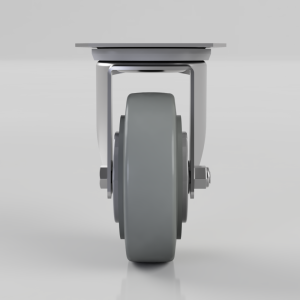 Front view of a heavy-duty industrial caster wheel with a gray tire and metal fork assembly above.