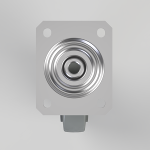 Close-up of a metallic circular push button mounted on a square gray plate with rounded corners and a gray latch below.