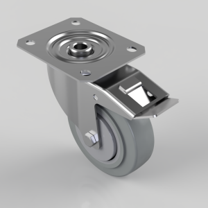 Swivel caster wheel with a metal mounting plate and built-in brake lever for securing a load (industrial wheel)