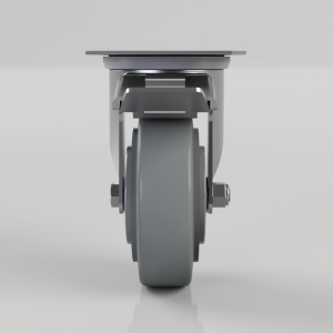 Front view of a gray caster wheel with mounting plate, part of a chair or cart assembly.