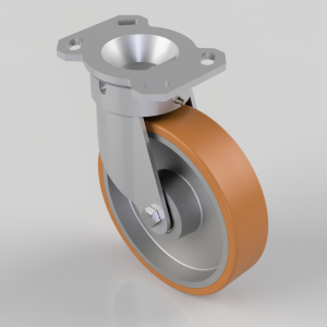 Swivel caster wheel with orange polyurethane tire and gray mounting plate for furniture or carts