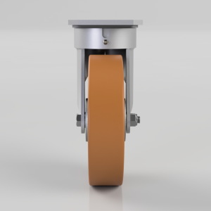 Front view of a swivel caster with an orange polyurethane wheel and metal frame.]
