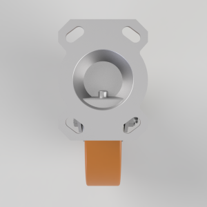 Industrial push-button switch mounted on a gray mounting plate with an orange actuator shaft extending downward.