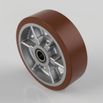 3D rendering of a brown rubber wheel with a silver metal hub and center bearing