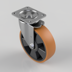Industrial swivel caster with brown polyurethane wheel, gray metal frame, and square mounting plate.