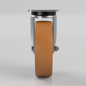 Front view of a belt sander with an orange sanding belt and metal frame, resting on a neutral surface.