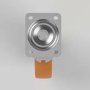 Metal push-button switch mounted on a gray square mounting plate with an orange cable./