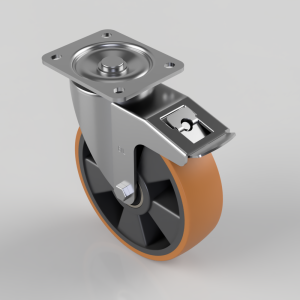 Swivel caster with orange polyurethane wheel and metal mounting plate featuring a built‑in brake mechanism.