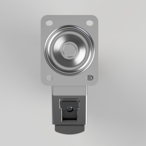 Industrial door latch actuator: metal plate with a circular plunger and a spring-loaded latch beneath.