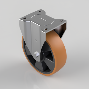 Industrial swivel caster with a gray mounting plate and an orange polyurethane wheel