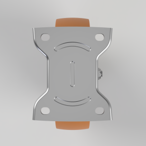 Top-down view of a silver skateboard truck plate with four mounting holes and orange wheels at the ends, showing the central slot and raised edges.