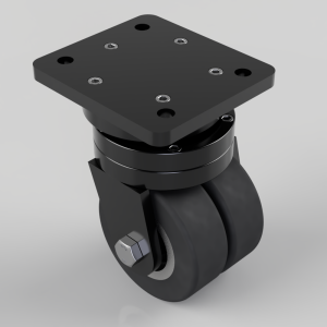 Industrial caster wheel with a square mounting plate and locking brake, black and gray components for heavy-duty furniture.
