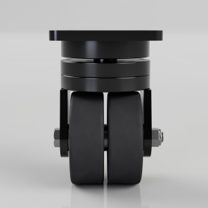 Close-up of a black dual-wheel caster with mounting hardware on a light gray surface