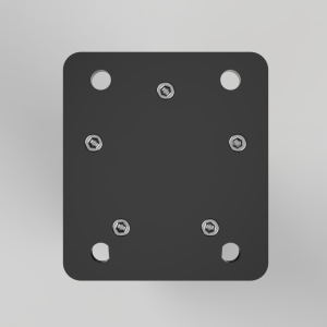 Top-view of a dark square mounting plate with rounded corners, four large corner holes, and six small screws for attachment.