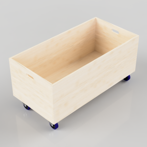 Open-top wooden storage box on blue caster wheels with side carry handles; mobile utility crate.