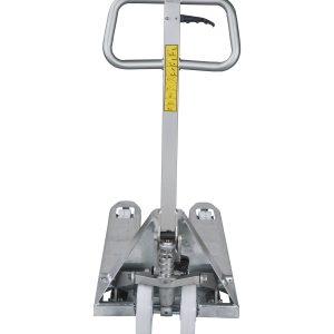 Industrial scaffold base with white caster wheels and a vertical support featuring a yellow instruction label on the post.