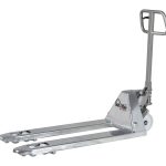 Industrial pallet jack with long dual forks and a vertical control handle on the right side, metal construction.