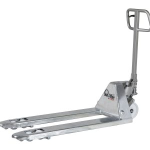 Industrial pallet jack with long dual forks and a vertical control handle on the right side, metal construction.