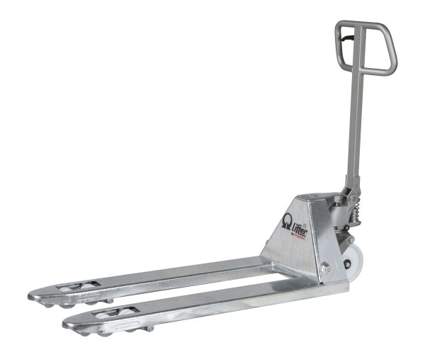 Industrial pallet jack with long dual forks and a vertical control handle on the right side, metal construction.