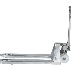 Close-up of a metal pallet jack with two forks and a vertical handle on the right side for lifting and moving pallets.