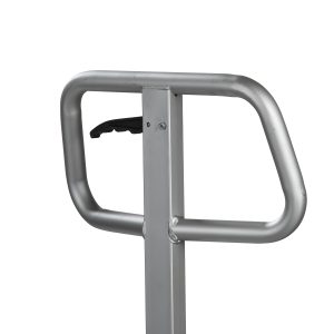 Close-up of a gray metal, rounded rectangular handle attached to a vertical support, with a small black lever in the center.