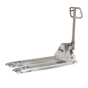 Pallet jack with steel forks and upright handle shown from the side, used for moving pallets in a warehouse