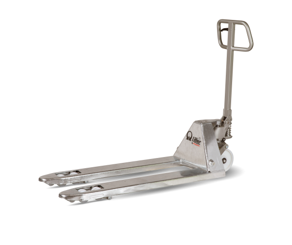 Pallet jack with steel forks and upright handle shown from the side, used for moving pallets in a warehouse